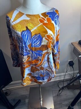 Jam's World Floral Boatneck Top in Blue, Mustard & Cream XL